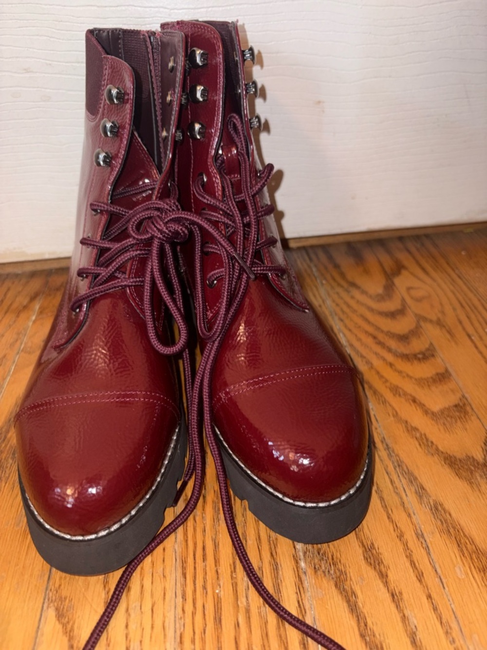 Donald J. Pliner Women's Burgundy Lace-Up Patent Combat Boots